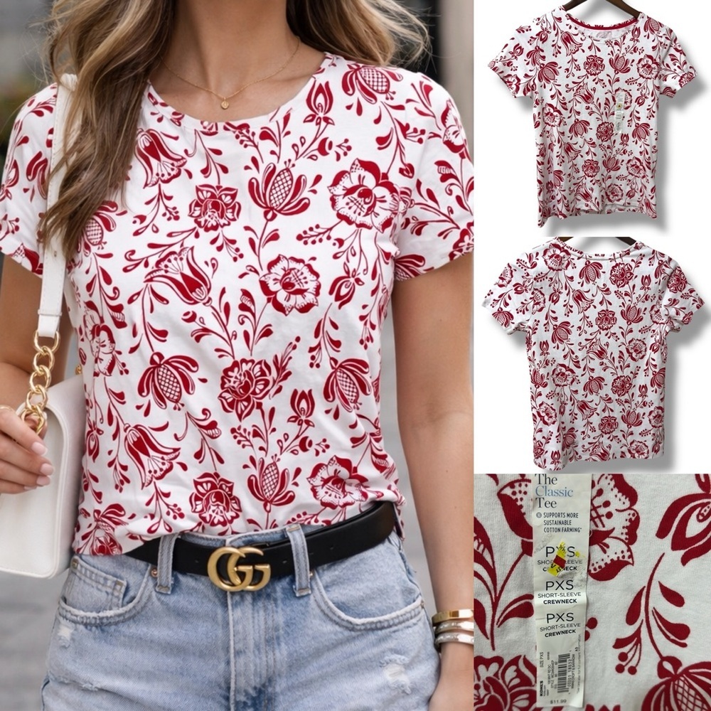 Croft & Barrow | NWT 100% Cotton Red White Floral Crewneck Tee (size XS-S)